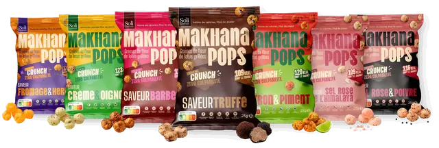 The 7 Makhana Pops flavours in 25 g bags