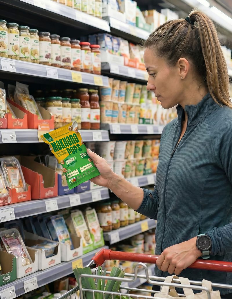 A shopper picks a bag of Makhana Pops from a supermarket shelf